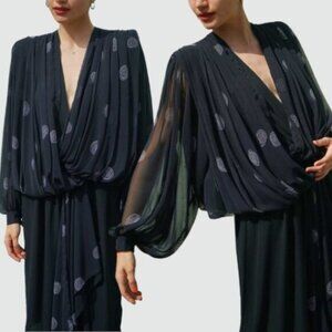 WAYNE CLARK Dress Large Black Blouson Wrap Plunge Puffed Chiffon Cocktail 90 VTG